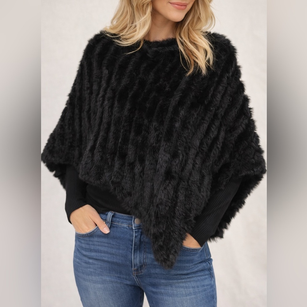 Chic Black Bunny Fur Poncho
